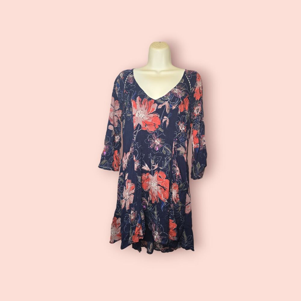 Free People Eyes On You Mini Dress Navy Blue Indie Boho Long Sleeve Cottagecore
